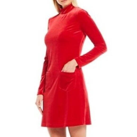 Gianni Bini NWT Paul Bright Red Velour Mock Neck Long Sleeve Short Dress - Picture 1 of 11